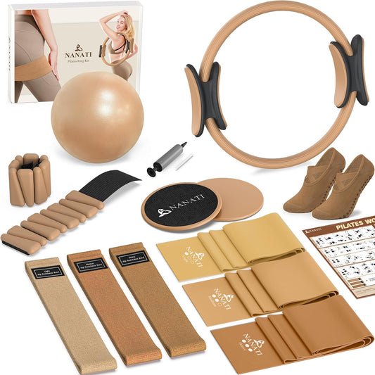 NANATI Pilates Kit, Home Pilates Workout Kit for Women, Pilates Equipment with 14.5" Pilates Ring and Ball, Resistance Bands, Ankle Weights, Sliders & Grip Socks Accessories for Starter Home Workouts