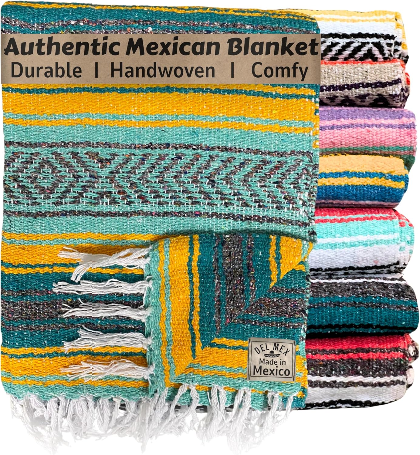 Del Mex Classic Mexican Blanket, Large Authentic Woven Falsa Throw (70"x50"), Artisan Southwest Décor for Beach, Yoga, Outdoors (Lavender)