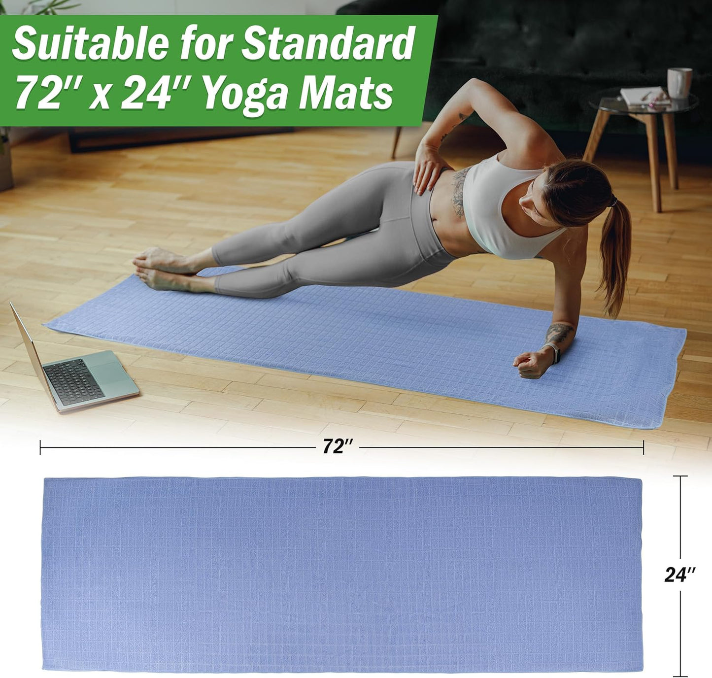 Yoga Mat Towel and Gym Towel Set - 2-Piece Non Slip Set for Hot Yoga, Pilates, and Gym - 72” x 24” Sweat Absorbent and Quick Drying Blanket with Corner Pockets for Mats by Wakeman (Gray)