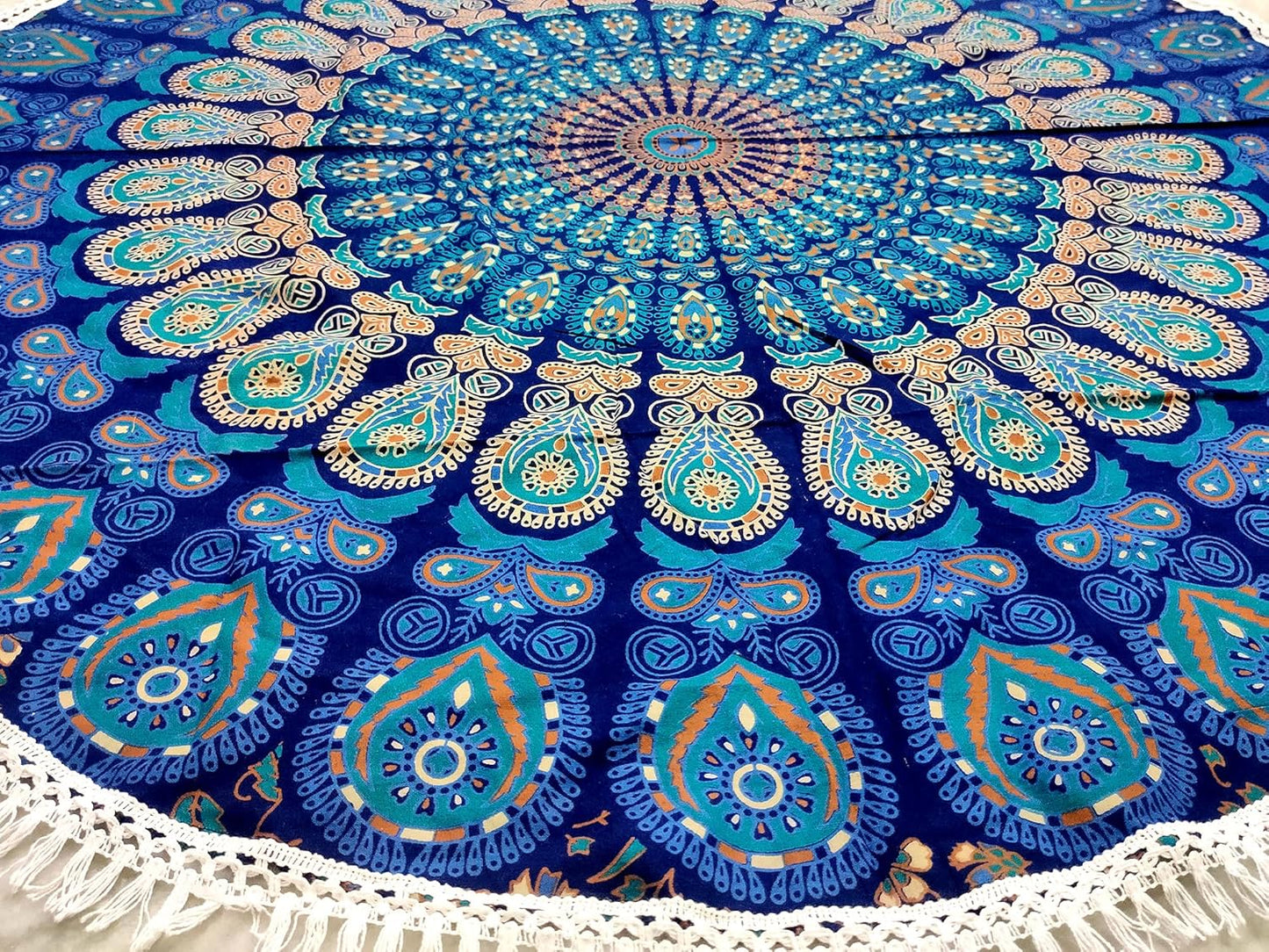 Mandala Round Beach Tapestry Boho Hippie Blanket Bohemian Large Table Cloth Home Decor Yoga Mat Meditation Picnic Rug Throw Hippy Gypsy Tablecloth Roundie (42 Inches, Orange And Blue)