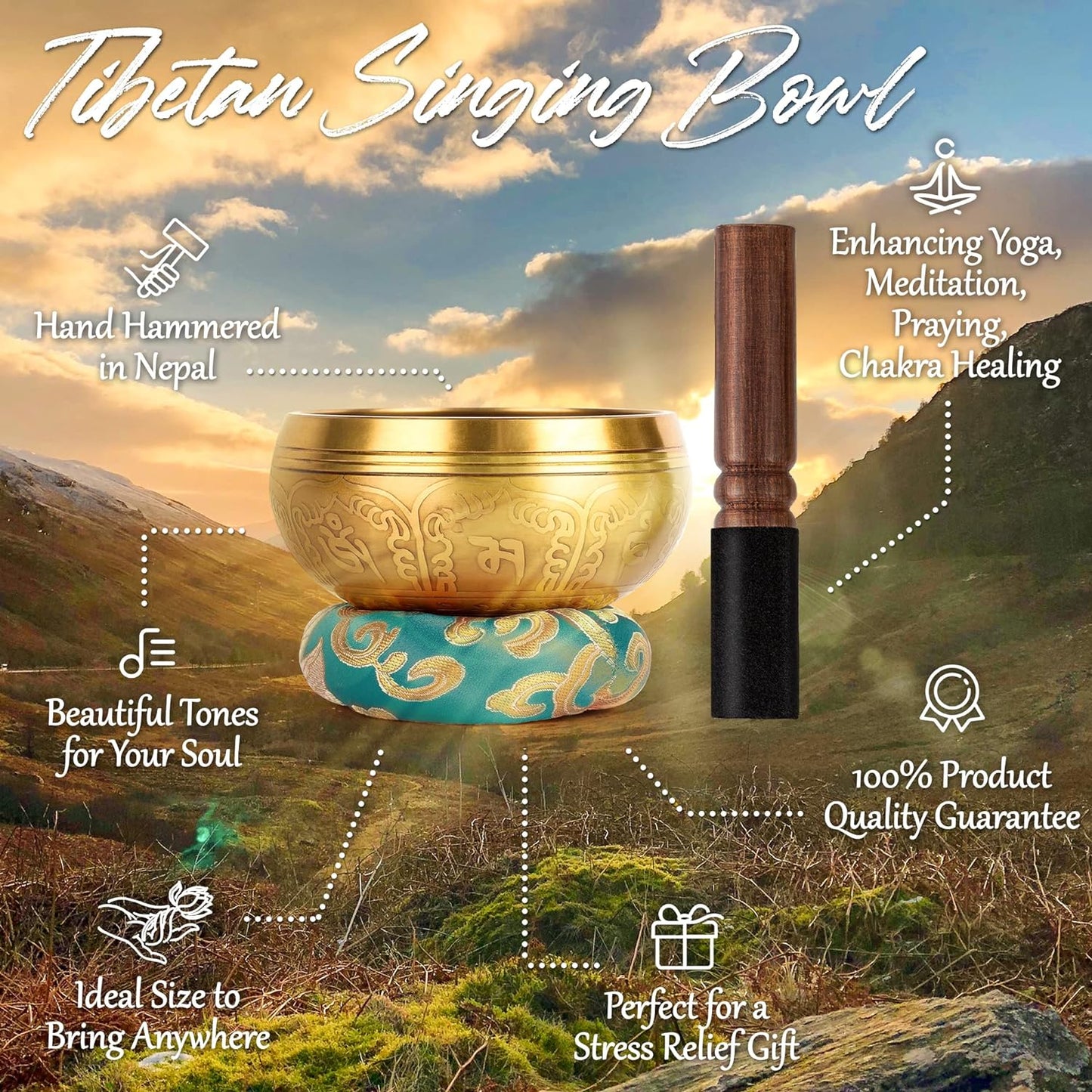 Relaehih 2-Pack Tibetan Singing Bowls Set - 100% Handmade in Nepal, Sound Bowl Meditation Set for Yoga, Chakra Healing, Meditation Gifts, Unique Gifts for Women (Blue, 3.15 + 4 inch)
