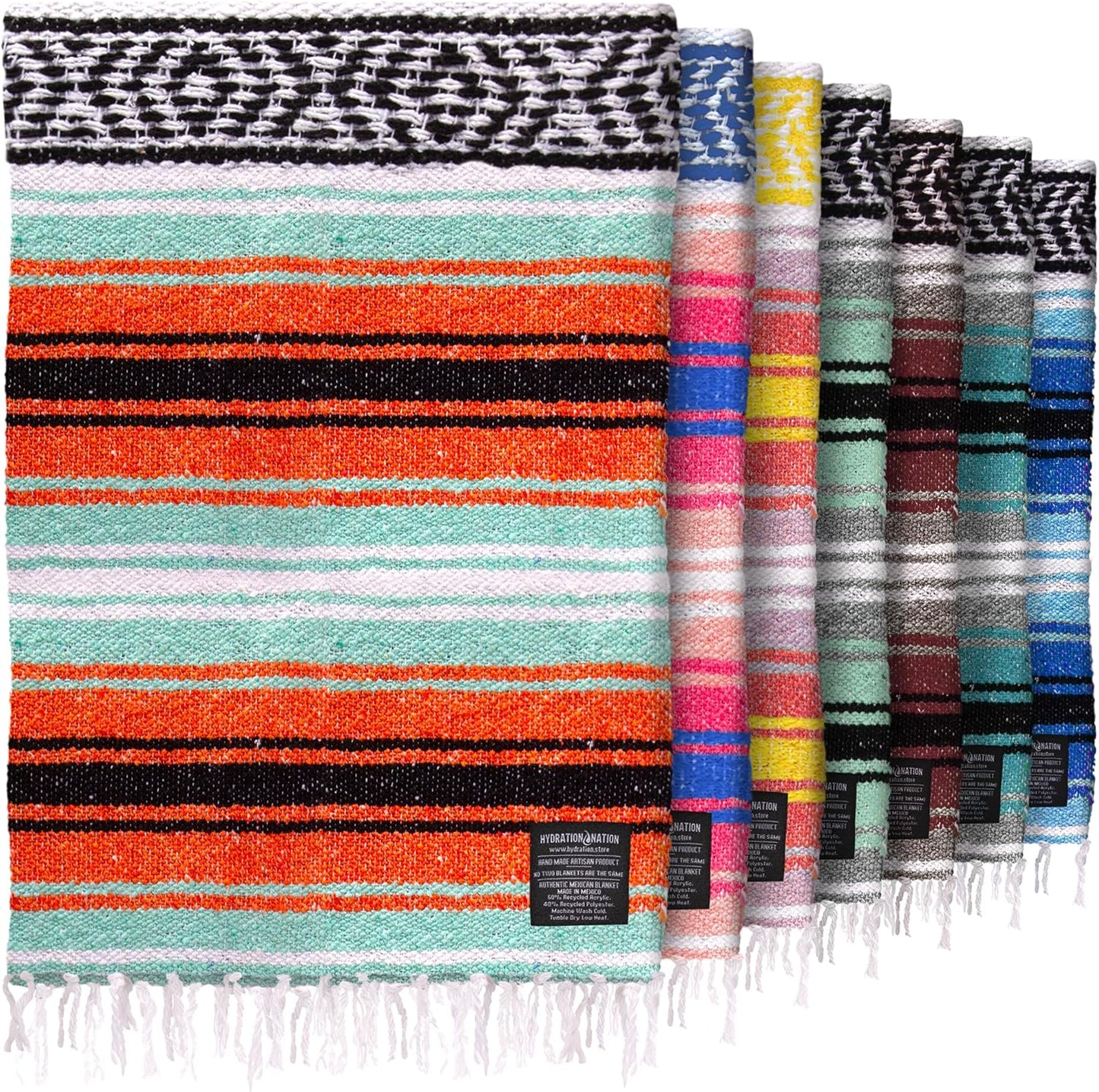 Hydration Nation Authentic Large Handwoven Mexican Blanket - Soft Yoga - Durable Serape - Lightweight Falsa, Beach, Camping, Picnic, Outdoor 70"x50" - Mandarin