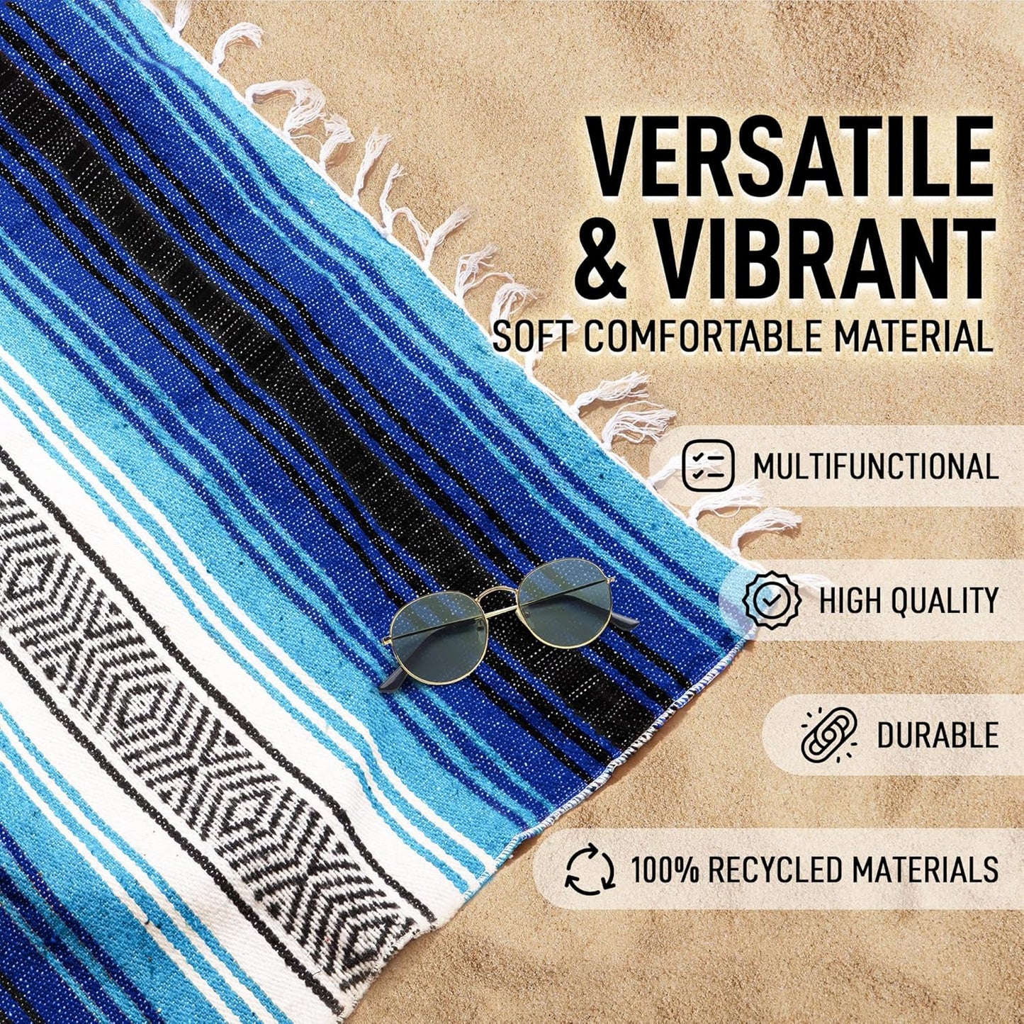Hydration Nation Authentic Large Handwoven Mexican Blanket - Soft Yoga - Durable Serape - Lightweight Falsa, Beach, Camping, Picnic, Outdoor 70"x50" - Mandarin