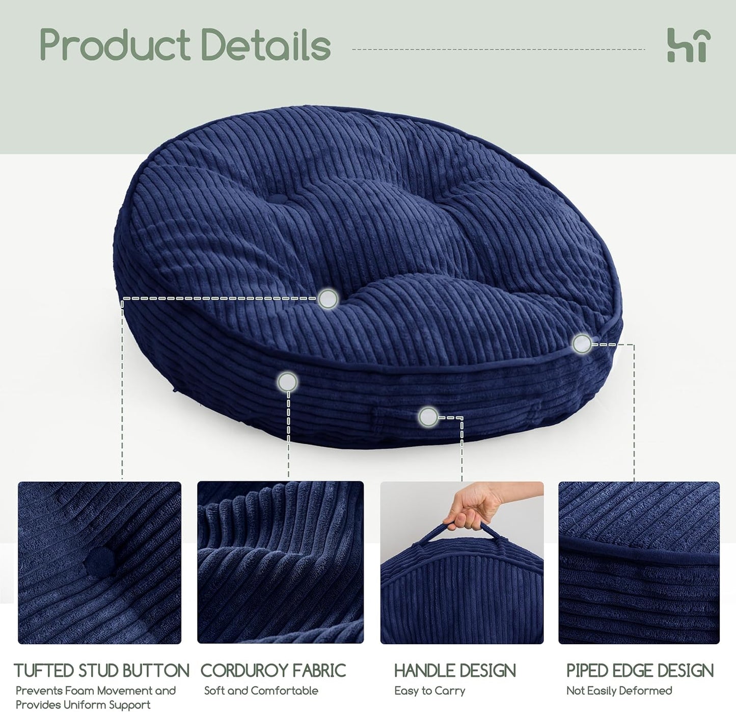 HIGOGOGO Floor Pillow Cushion for Adults, Meditation Cushion Pillow, Large Square Floor Sitting, Tufted Corduroy Cover, for Tatami Living Room or Yoga, 22x22 Inch, Dark Grey