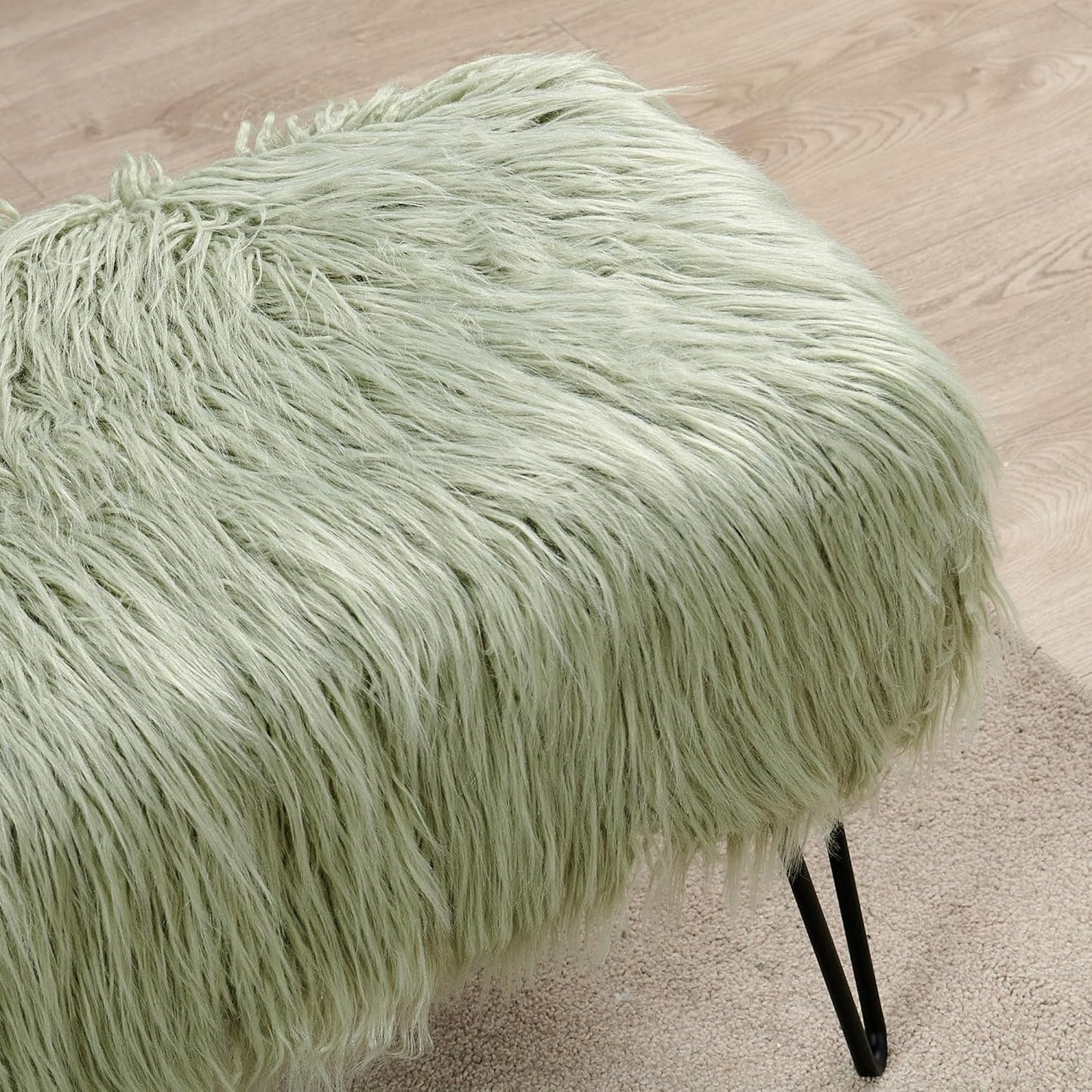 Home Soft Things Green Mongolian Faux Fur Ottoman, Desert Sage, 19'' x 13'' x 17'', Cozy Plush Fluffy Ottoman Foot Rest Stool for Living Room Bedroom Entryway Makeup Bench End of Bed Home Décor