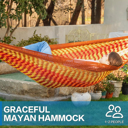 PNAEUT Handwoven Mayan Hammocks, Double Rope Hammock for Outdoor Outside & Indoor, Thick Soft 600 lbs Capacity Heavy-Duty, Includes Tree Straps, Carabiners & Carrying Bag (Nature, X-Large)