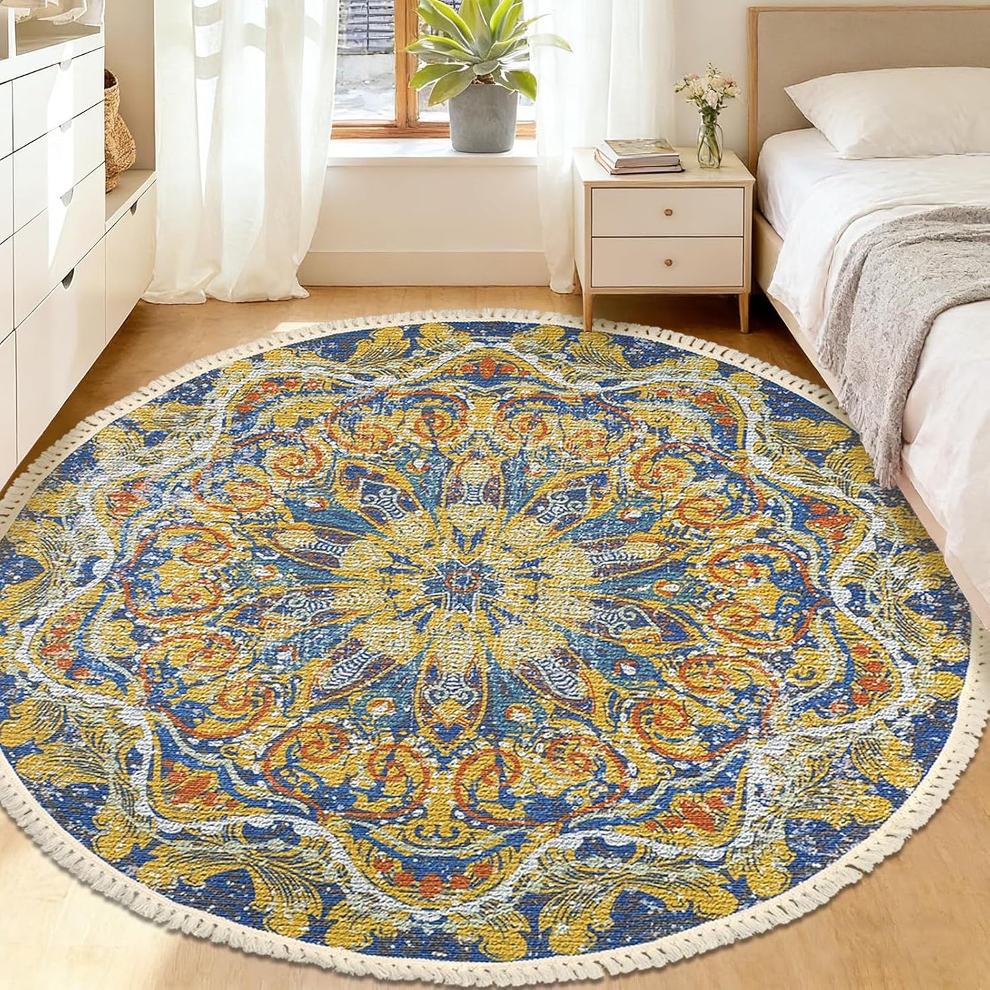 Boho Rug 5Ft Round Bedroom Carpet Circle Nonslip Farmhouse Area Rug Rustic Mandala Floor Mat for Living Room Locker Room Tassel Yoga Throw Rugs Washable Doormat, Purple