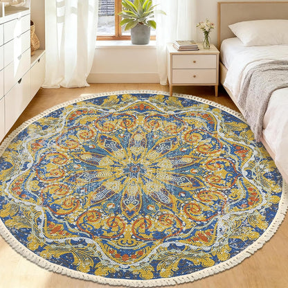 Boho Rug 5Ft Round Bedroom Carpet Circle Nonslip Farmhouse Area Rug Rustic Mandala Floor Mat for Living Room Locker Room Tassel Yoga Throw Rugs Washable Doormat, Purple