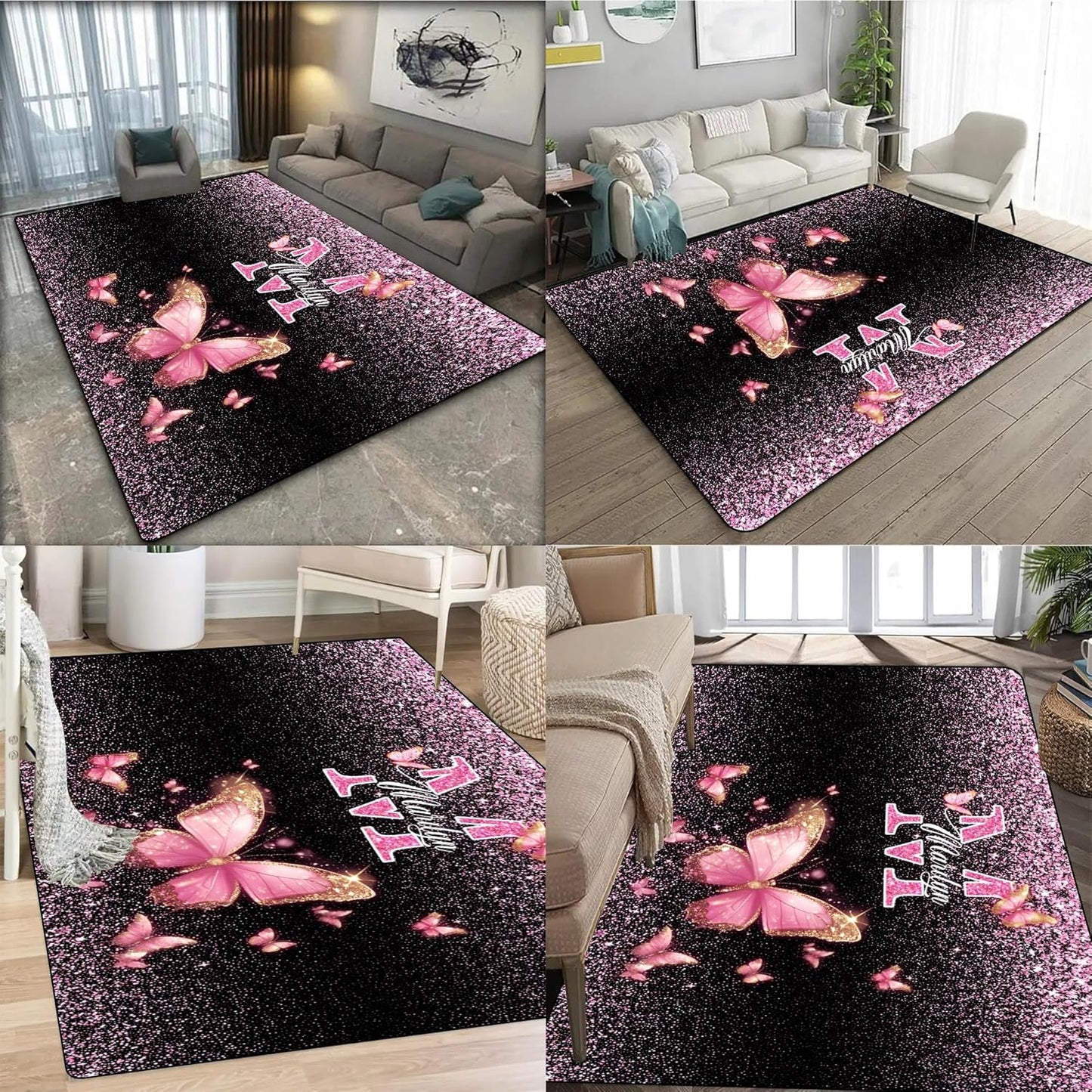 Personalized Family Name Initials Monogram Pink Rug, Shining Butterfly Printed Carpets for Girls Kids Butterfly Theme Living Room Indoor Bedroom Decor 5'×7' Soft Polyester Yoga Mat
