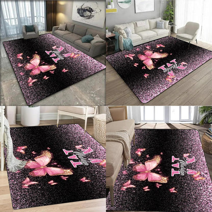 Personalized Family Name Initials Monogram Pink Rug, Shining Butterfly Printed Carpets for Girls Kids Butterfly Theme Living Room Indoor Bedroom Decor 5'×7' Soft Polyester Yoga Mat
