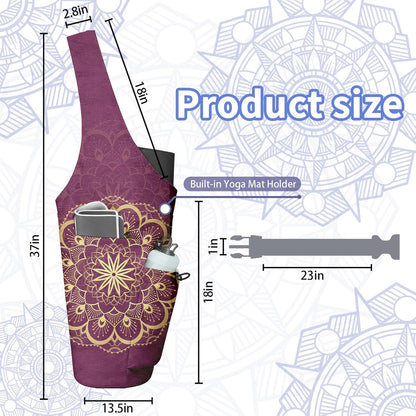 Yoga Bag for Women, Large Yoga Mat Bag Tote Carrier with Wet Dry Pocket, Water Bottle Holder & Adjustable Strap, Fits 1/2" Thick Yoga Mat for Gym, Pilates, Travel, Work