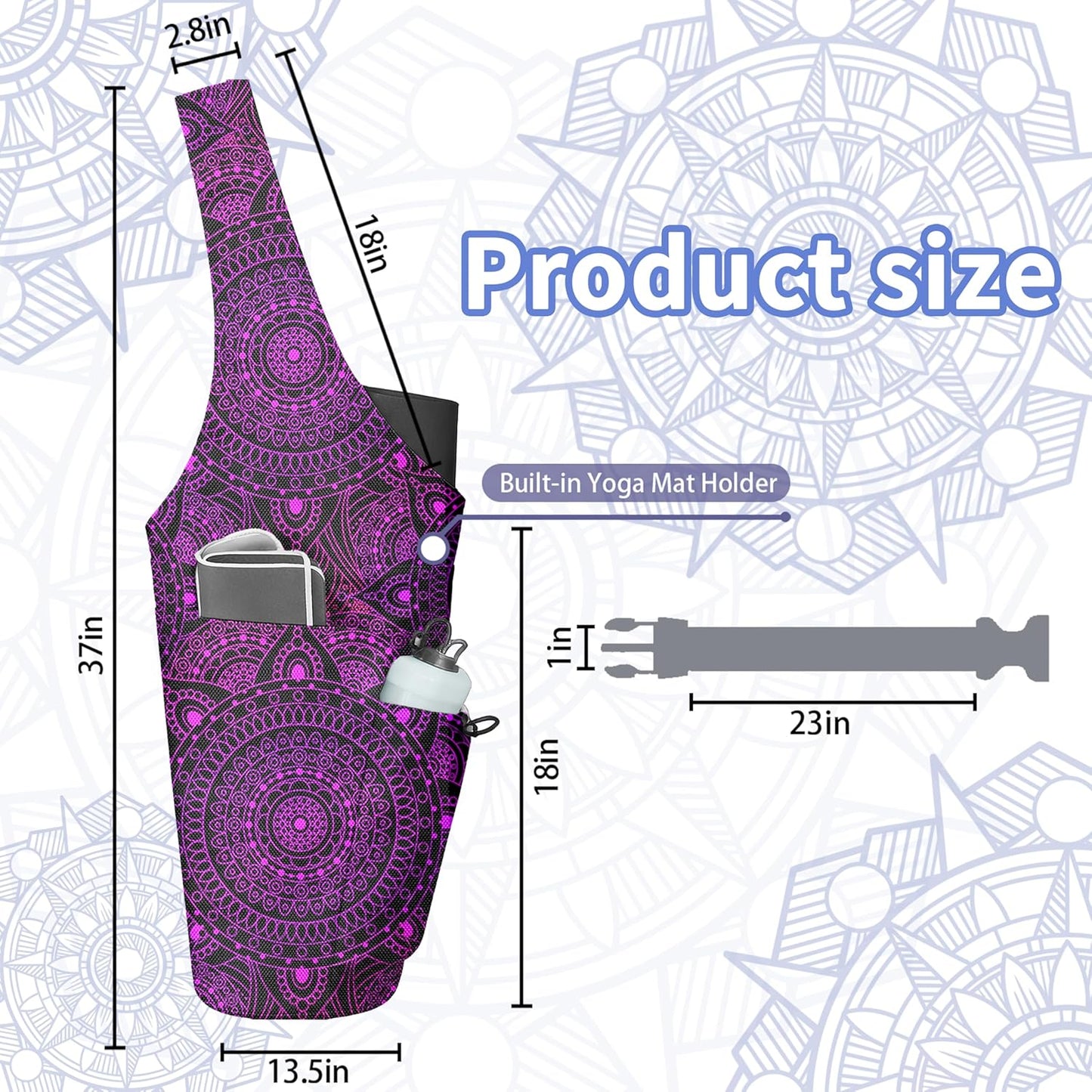 Yoga Bag for Women, Large Yoga Mat Bag Tote Carrier with Wet Dry Pocket, Water Bottle Holder & Adjustable Strap, Fits 1/2" Thick Yoga Mat for Gym, Pilates, Travel, Work