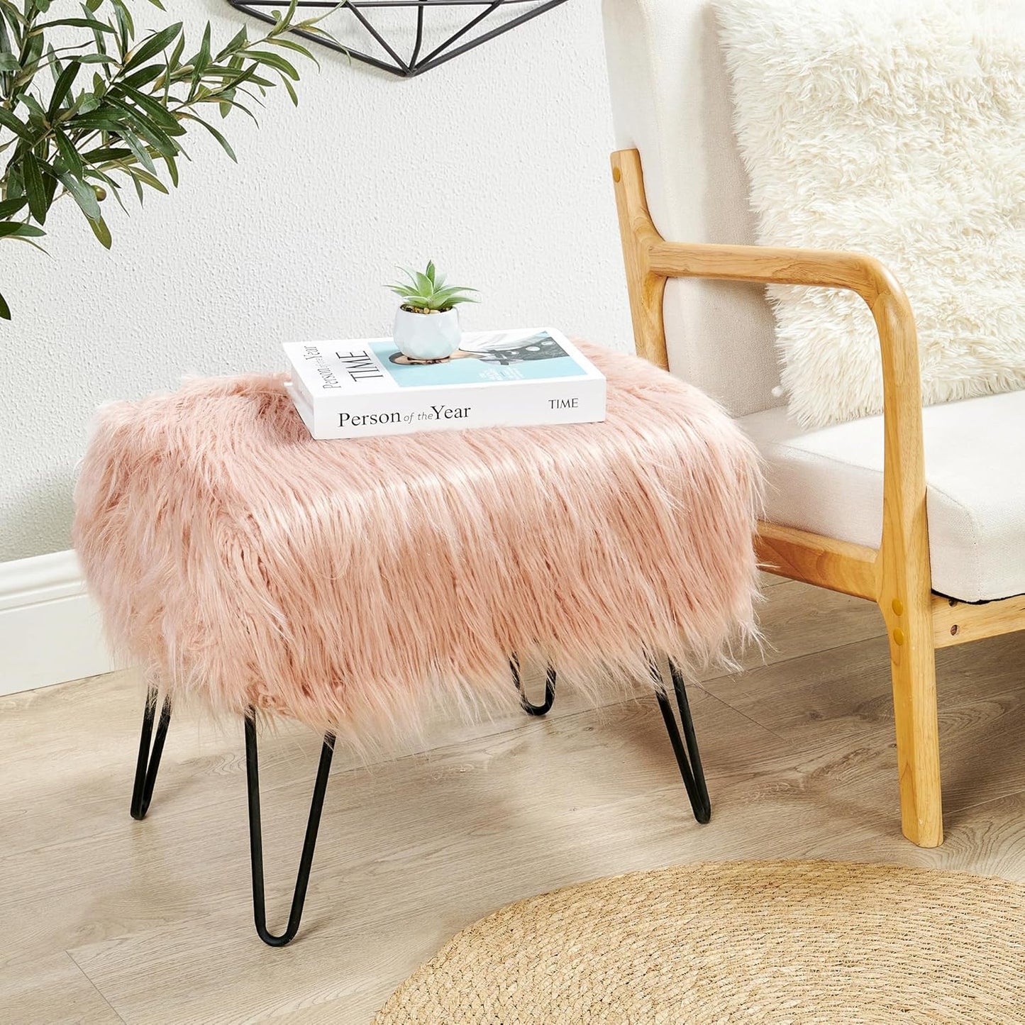 Home Soft Things Green Mongolian Faux Fur Ottoman, Desert Sage, 19'' x 13'' x 17'', Cozy Plush Fluffy Ottoman Foot Rest Stool for Living Room Bedroom Entryway Makeup Bench End of Bed Home Décor