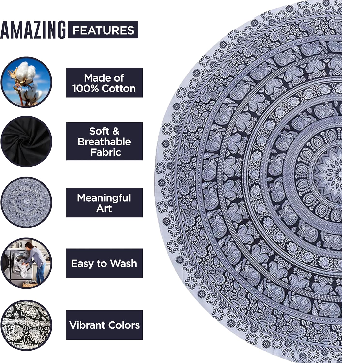 raajsee Purple Round Beach Tapestry Hippie/Boho Beach Blanket Mandala/Indian Cotton Throw - Round Tablecloth/Home Decor/Indie Rug Yoga Mat Meditation Picnic Rugs 127 CM / 50 INCHE Circle