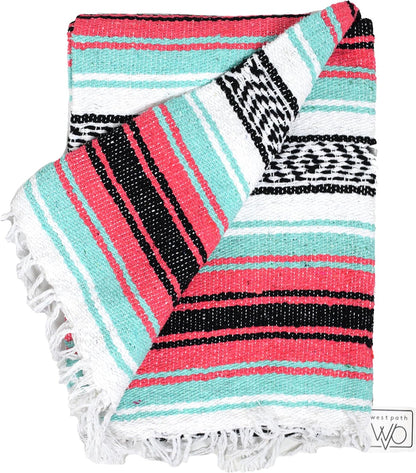 Open Road Goods Multi Color Mexican Falsa Blanket - Handwoven in Mexico - Great for The Beach, Picnics, Yoga, or a Throw! (Mint/Purple)