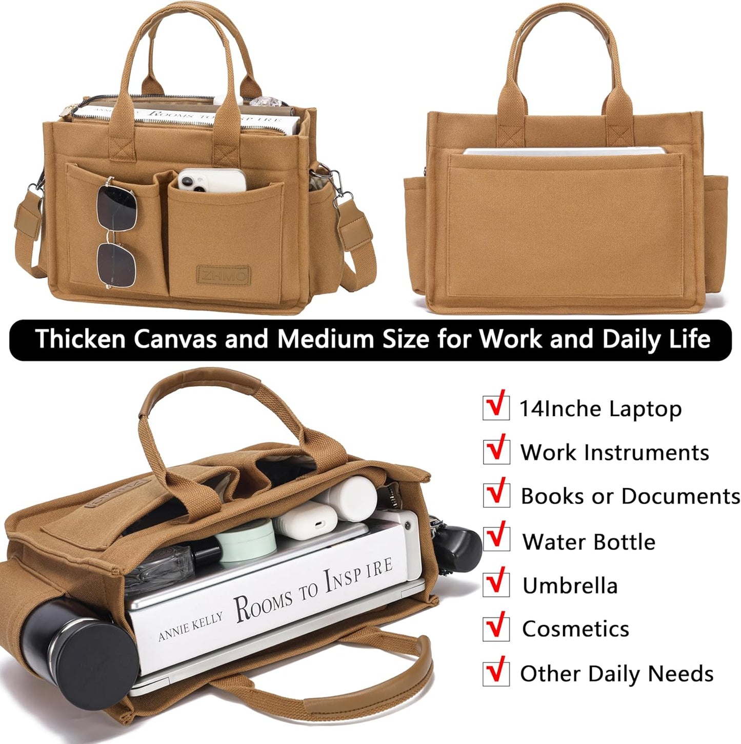 ZHMO Canvas Tote Bag for Women,Women's Bags Crossbody Bags Work Laptop Tote Bag Large Handbags Purse for Travel Nurse Teacher