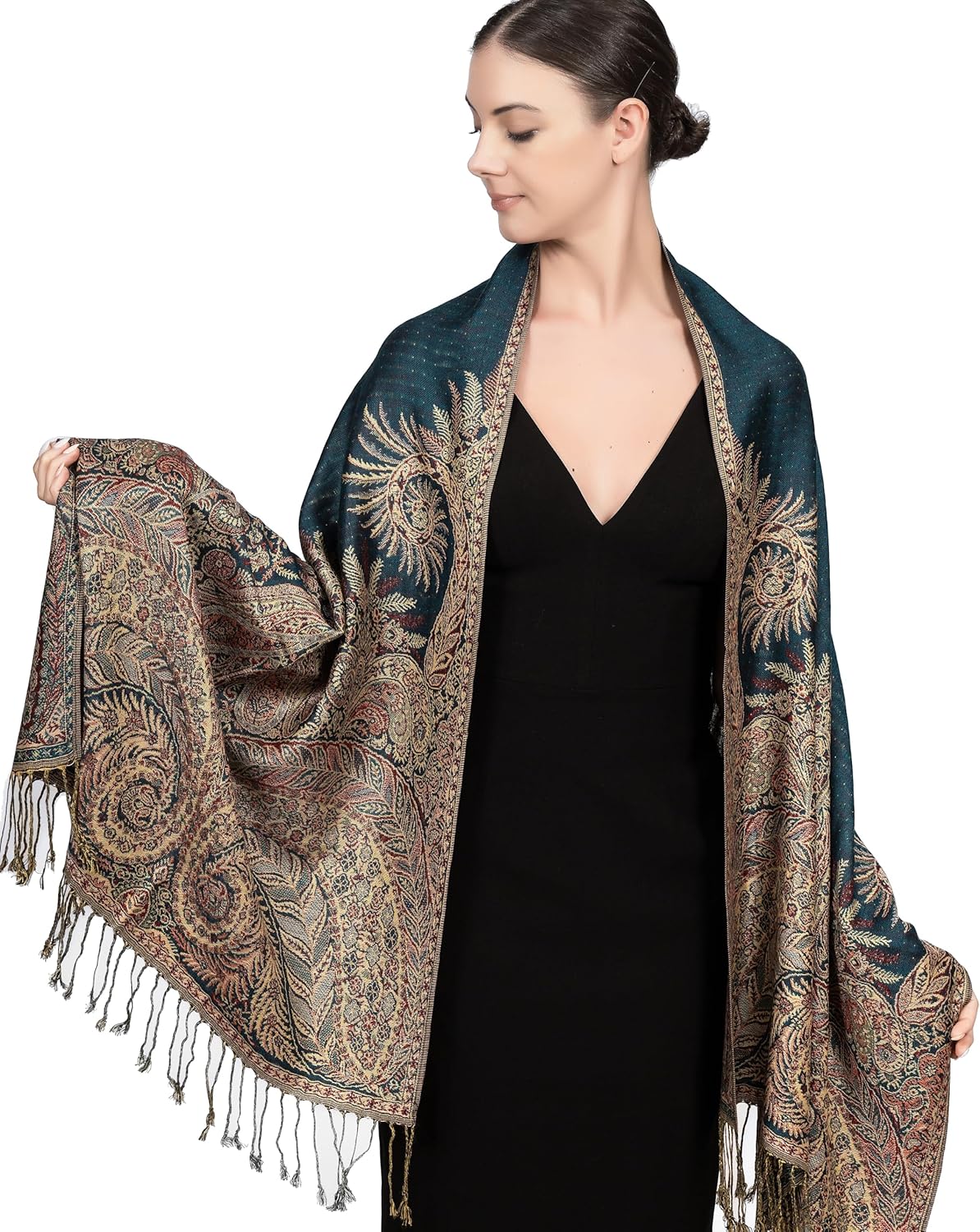Achillea Reversible Paisley Pashmina Rave Scarf – Exotic Indian Shawls and Wraps for Evening Dresses, Festivals, All Seasons - Colors A