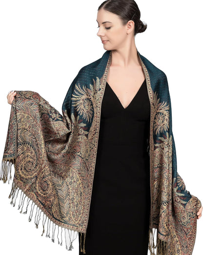 Achillea Reversible Paisley Pashmina Rave Scarf – Exotic Indian Shawls and Wraps for Evening Dresses, Festivals, All Seasons - Colors A