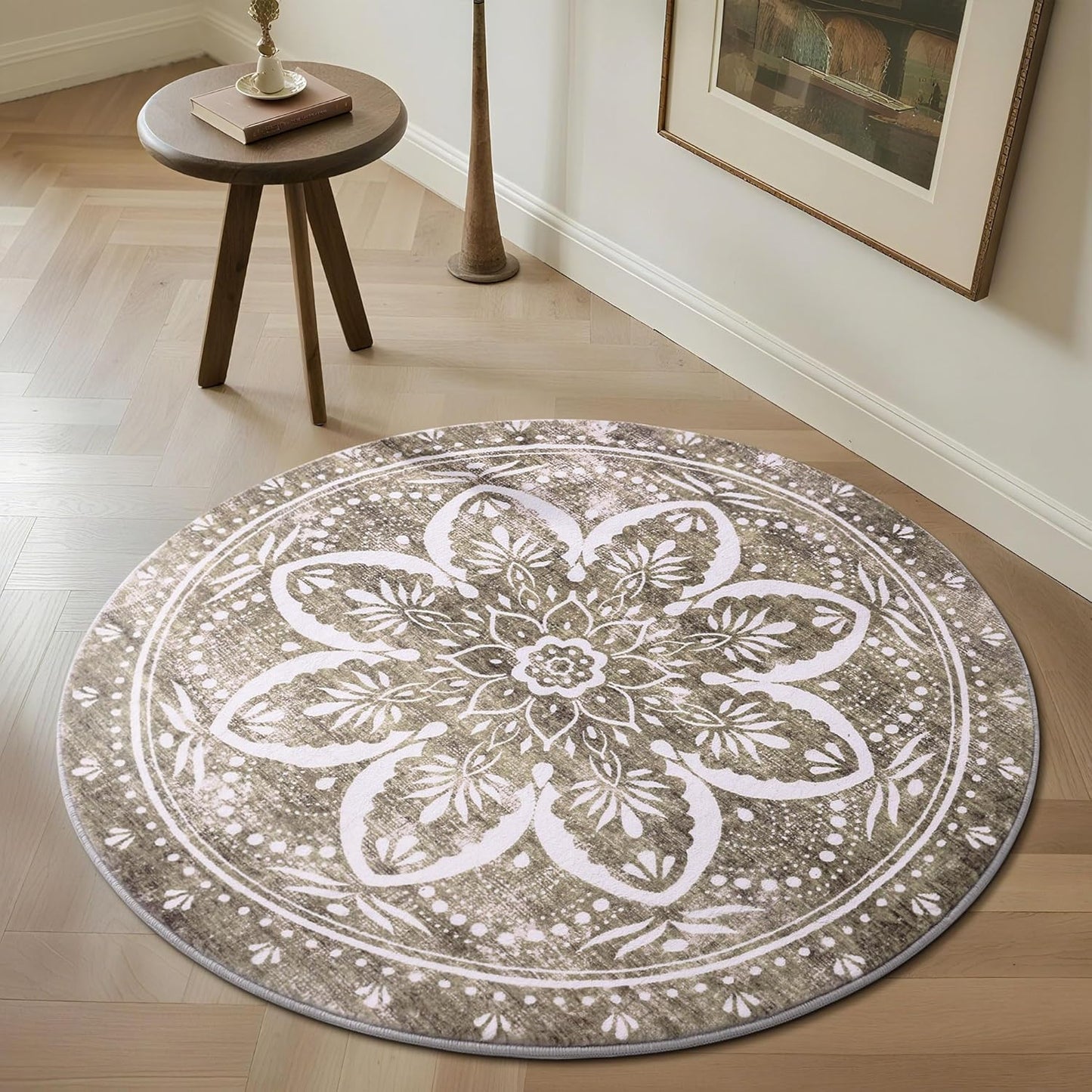 Carvapet 4ft Washable Round Rugs, Modern Abstract Circle Rug, Non Slip Rubber Backing Foldable Low Pile Carpet for Living Room Bedroom, 4ft Red/Orange Rug