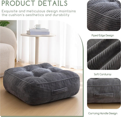 HIGOGOGO Floor Pillow Cushion for Adults, Meditation Cushion Pillow, Large Square Floor Sitting, Tufted Corduroy Cover, for Tatami Living Room or Yoga, 22x22 Inch, Dark Grey