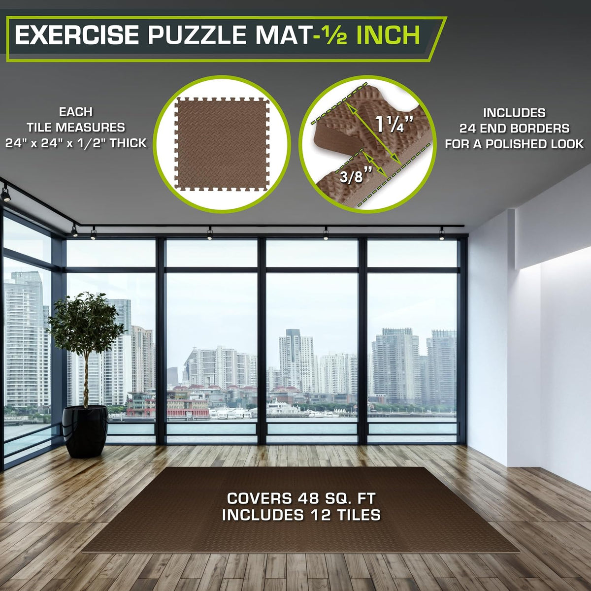 Exercise Puzzle Mat ½-inch, EVA Interlocking Foam Floor Tiles for Home Gym, Workout Equipment, Kids Play Areas, Black, 24 SQ FT - 6 Tiles