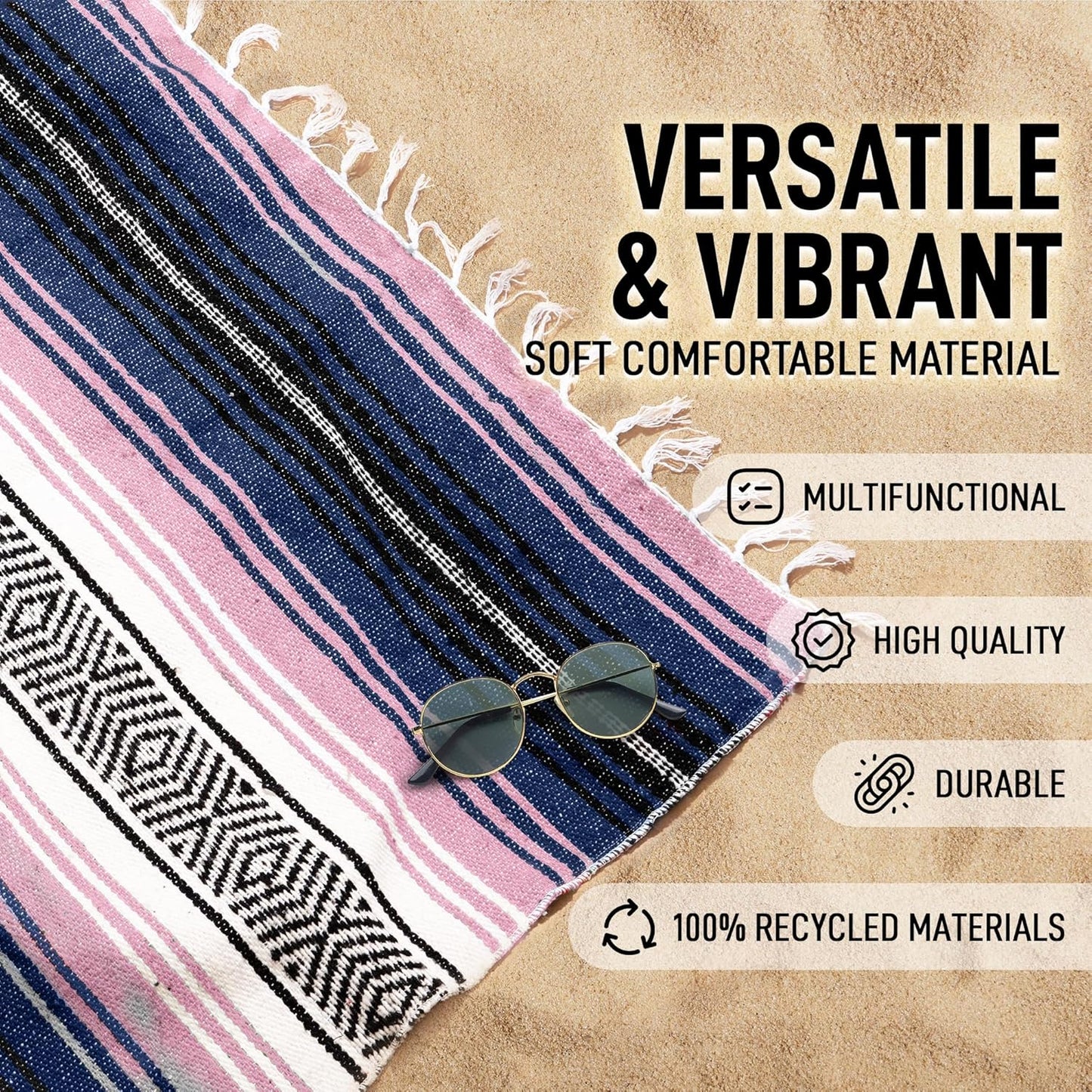 Hydration Nation Authentic Large Handwoven Mexican Blanket - Soft Yoga - Durable Serape - Lightweight Falsa, Beach, Camping, Picnic, Outdoor 70"x50" - Mandarin
