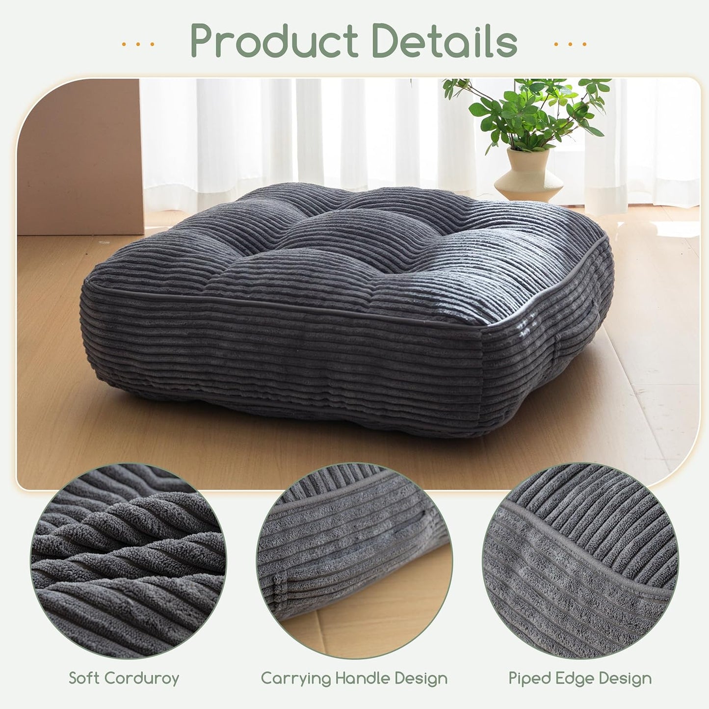 HIGOGOGO Floor Pillow Cushion for Adults, Meditation Cushion Pillow, Large Square Floor Sitting, Tufted Corduroy Cover, for Tatami Living Room or Yoga, 22x22 Inch, Dark Grey
