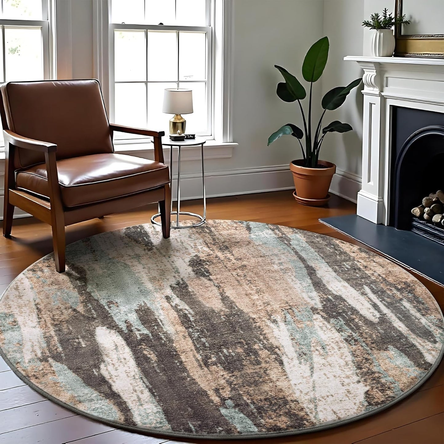 Carvapet 4ft Washable Round Rugs, Modern Abstract Circle Rug, Non Slip Rubber Backing Foldable Low Pile Carpet for Living Room Bedroom, 4ft Red/Orange Rug