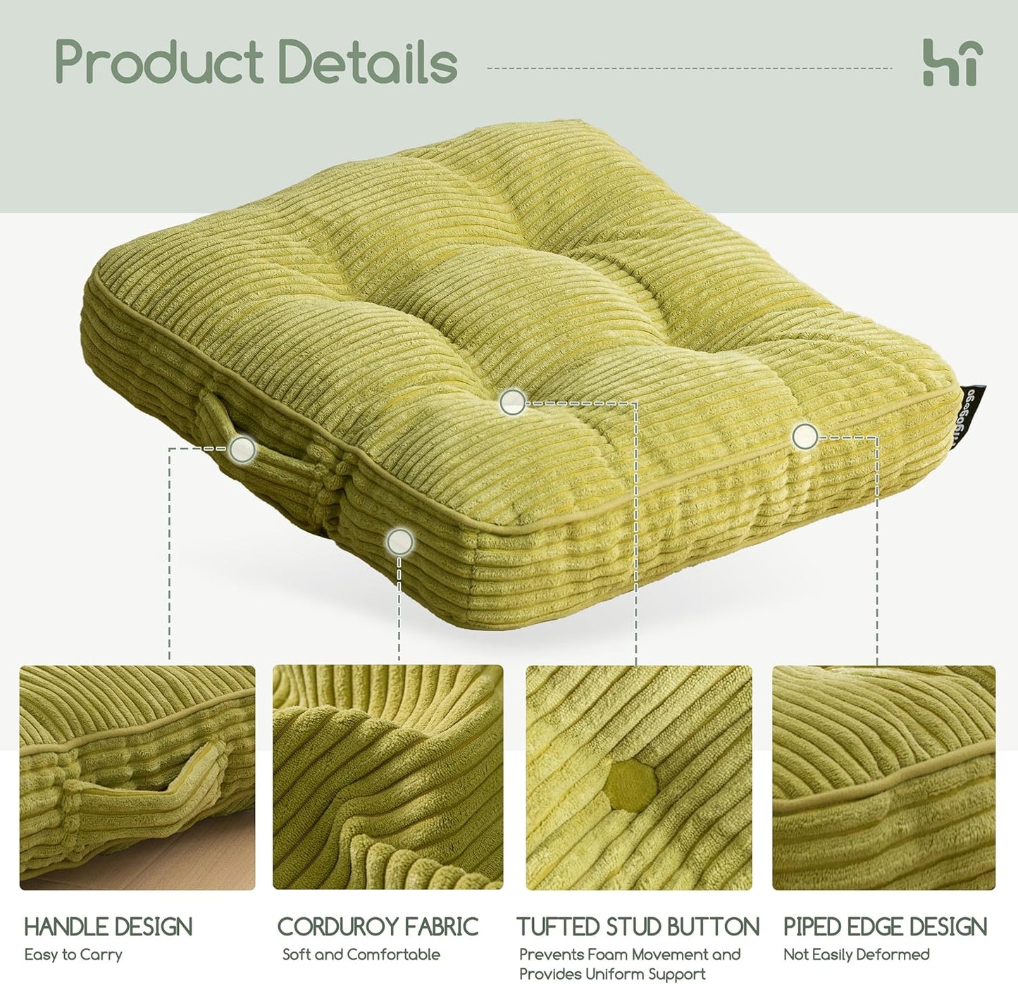 HIGOGOGO Floor Pillow Cushion for Adults, Meditation Cushion Pillow, Large Square Floor Sitting, Tufted Corduroy Cover, for Tatami Living Room or Yoga, 22x22 Inch, Dark Grey