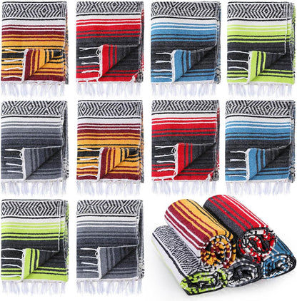 Preboun 10 Pieces Mexican Blanket Bulk Authentic Woven Yoga Blanket Large Picnic Camping Rug Colorful Striped Serape for Beach Outdoor Grass Car Home(Multi Color)