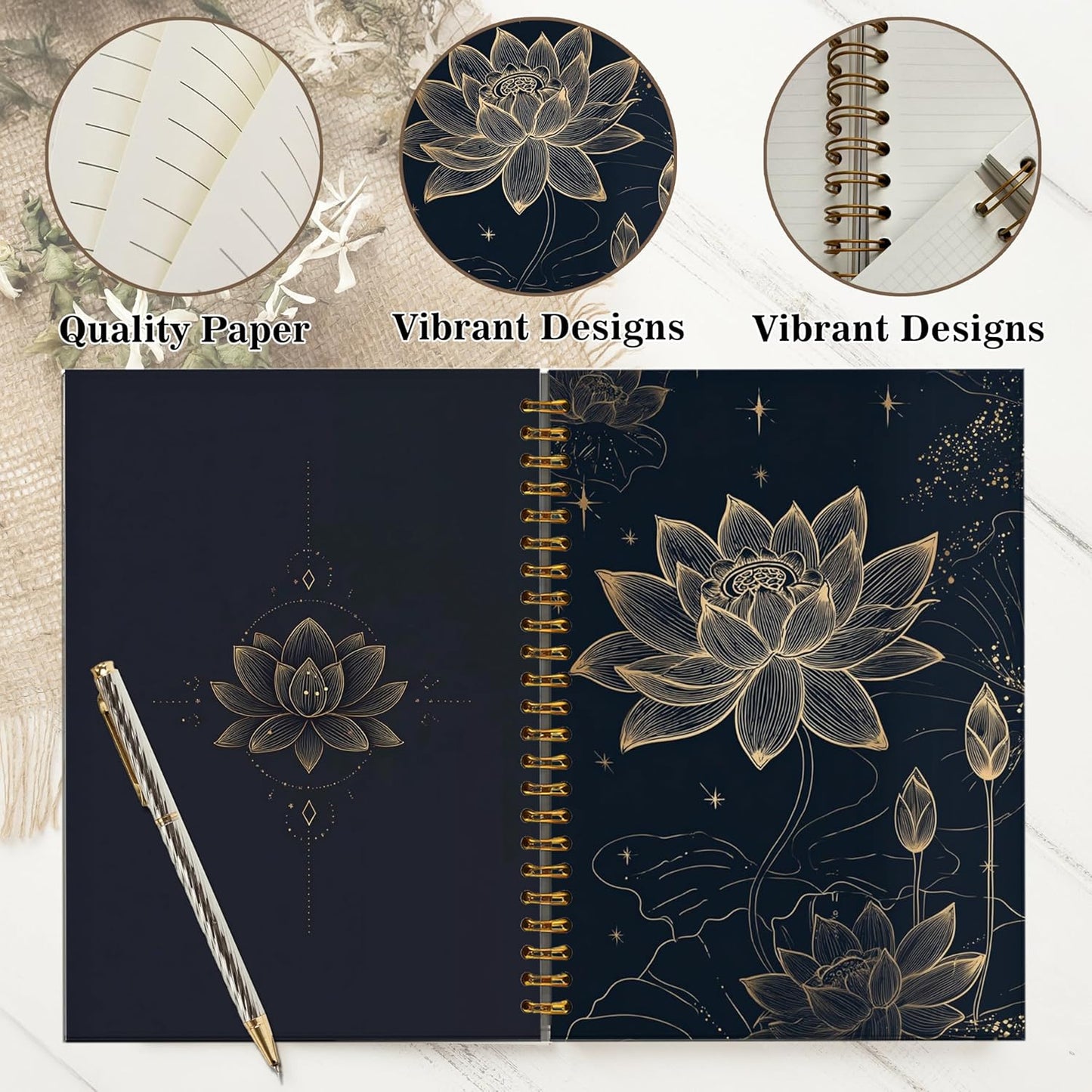 Journaling Notebooks for Women, Lotus Notebook -Meditation Yoga Spiritual Inspirational Planner Notebook Journal Gifts, A5 Spiral Journal Notebook Office Supplies Gifts for Women Birthday Christmas (Golden)