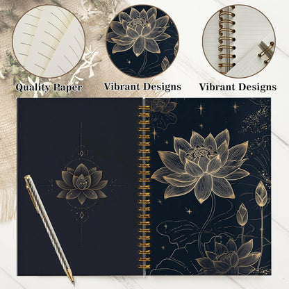 Journaling Notebooks for Women, Lotus Notebook -Meditation Yoga Spiritual Inspirational Planner Notebook Journal Gifts, A5 Spiral Journal Notebook Office Supplies Gifts for Women Birthday Christmas (Golden)