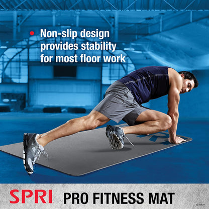 SPRI 12mm Pro Fitness Matt - Thick Exercise Mat for Floor Workouts, Sit-Ups, Push-Ups, Stretching, Toning, and General Fitness - Non-Slip Texture, Cushioned, Portable Rolling Mat with Carrying Strap