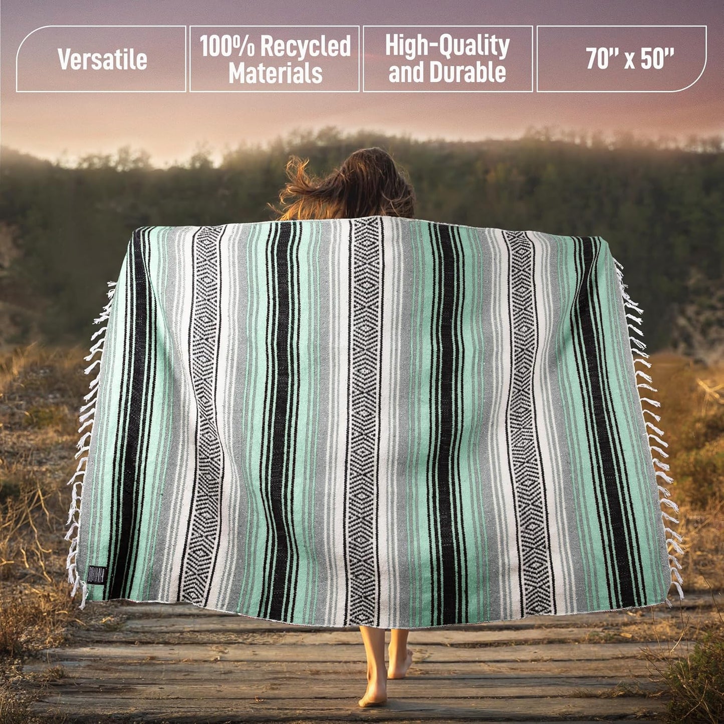 Hydration Nation Authentic Large Handwoven Mexican Blanket - Soft Yoga - Durable Serape - Lightweight Falsa, Beach, Camping, Picnic, Outdoor 70"x50" - Mandarin