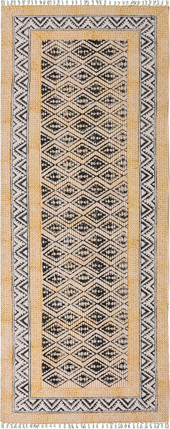 2x6 Ft Geometric Pattern Indian Handmade Cotton Runner Extra Large Hand Woven Flat Weave Yellow Black High Traffic Area Indian Yoga Mat Runner Low Pile Indoor Outdoor Use Rug - Colors B