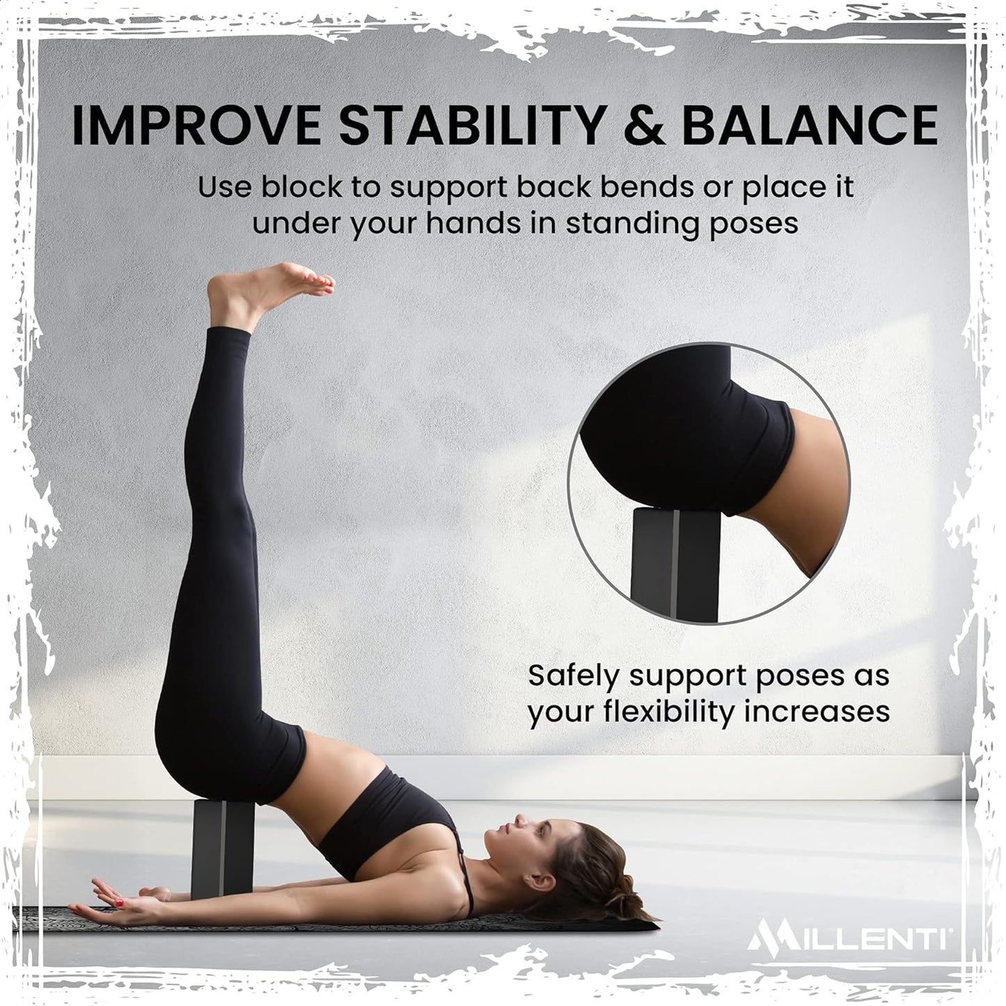 Millenti Gray Black Yoga Block Yoga Brick - Sold as Single EVA Foam Block, Bevelled Edge, Non-Slip, Latex-Free Block with a Workout Chart 9x6x4”