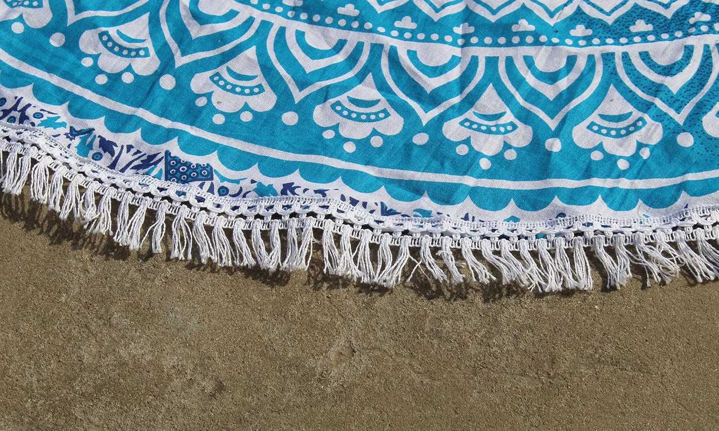 Mandala Round Beach Tapestry Boho Hippie Blanket Bohemian Large Table Cloth Home Decor Yoga Mat Meditation Picnic Rug Throw Hippy Gypsy Tablecloth Roundie (42 Inches, Orange And Blue)