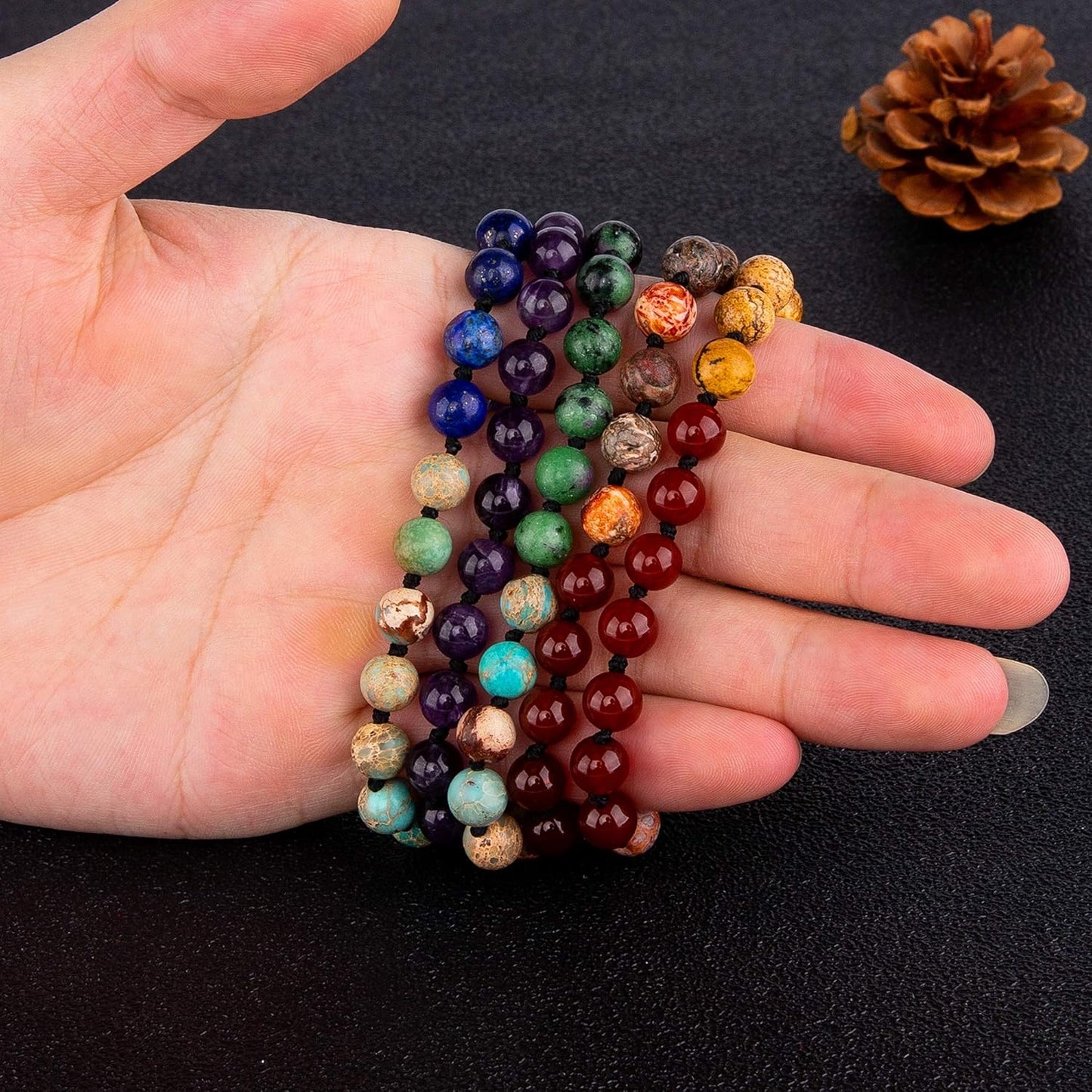 Bivei 7 Chakra 108 Mala Beads Bracelet Real Gemstone Yoga Meditation Hand Knotted Mala Prayer Bead Necklace