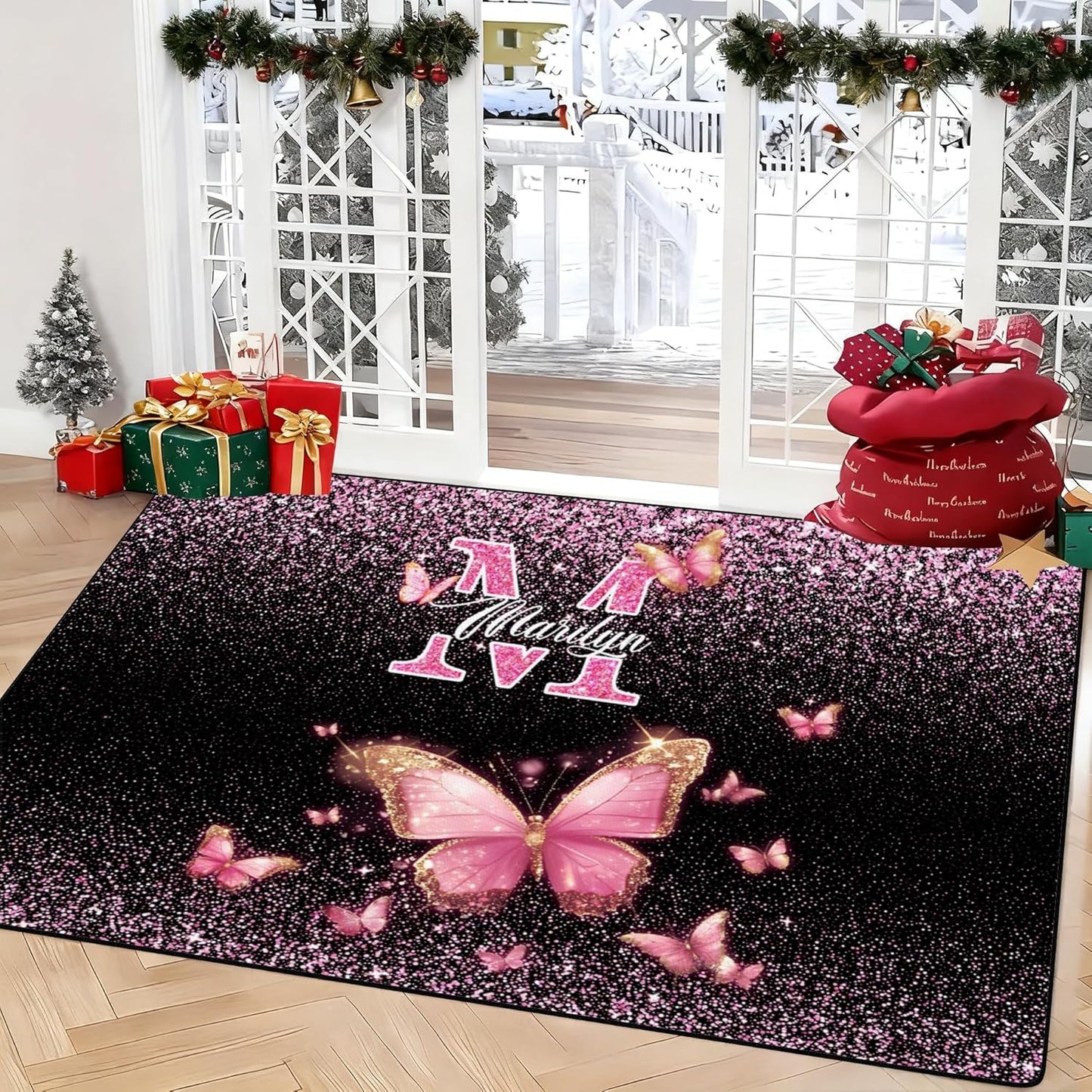 Personalized Family Name Initials Monogram Pink Rug, Shining Butterfly Printed Carpets for Girls Kids Butterfly Theme Living Room Indoor Bedroom Decor 5'×7' Soft Polyester Yoga Mat