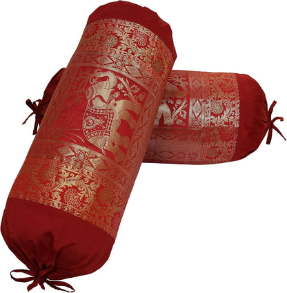 Ethnic Jacquard Brocade Silk Bolster Throw Pillows for Couch Elephant Maroon Yoga Massand Living Room Decorative Cylindrical Hotdog Traditional Throw Pillowcase 76x38 cm - Set of 2 Pcs
