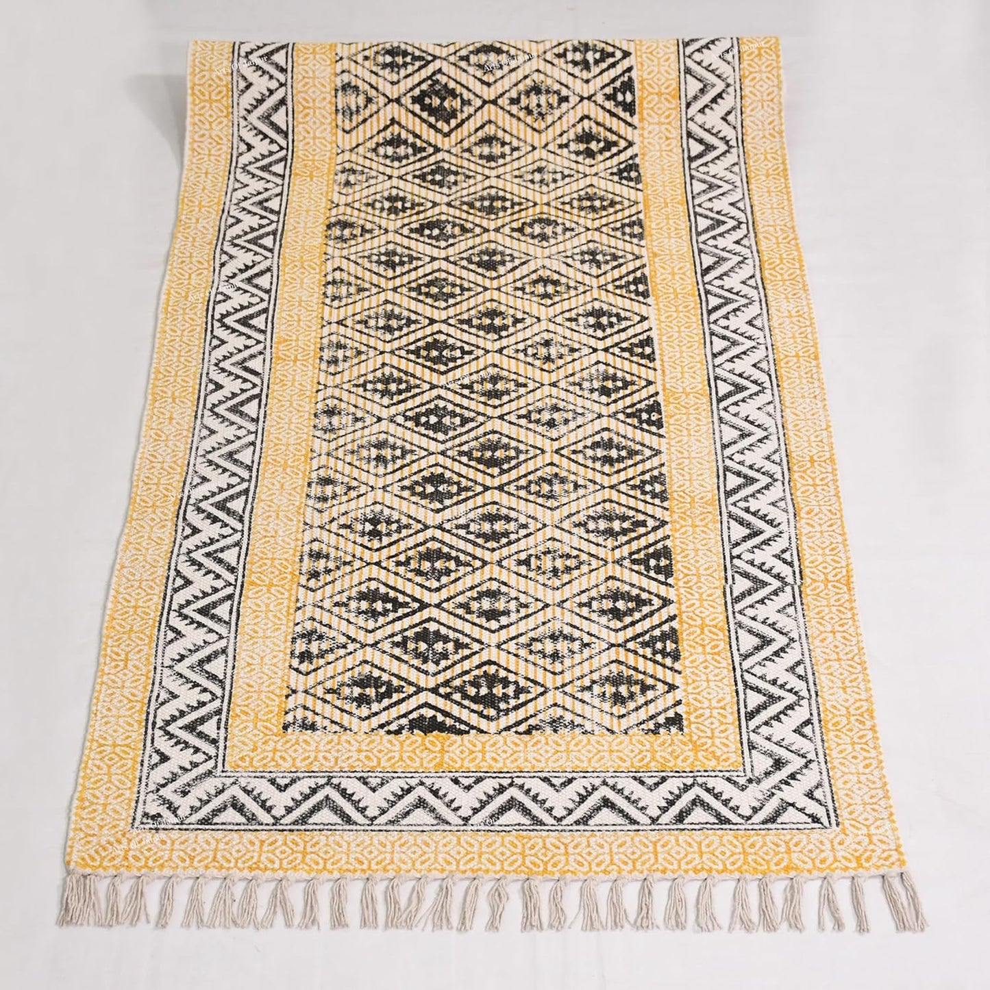 2x6 Ft Geometric Pattern Indian Handmade Cotton Runner Extra Large Hand Woven Flat Weave Yellow Black High Traffic Area Indian Yoga Mat Runner Low Pile Indoor Outdoor Use Rug - Colors B
