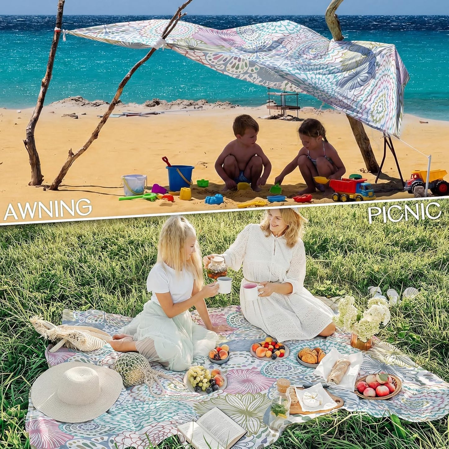 BYDOLL Beach Blanket Waterproof Sandproof Large Sand Free,78''X81''/10'X9' Oversized Sandless Lightweight Blanket Picnic Mat for Beach Travel Camping Hiking with Stakes