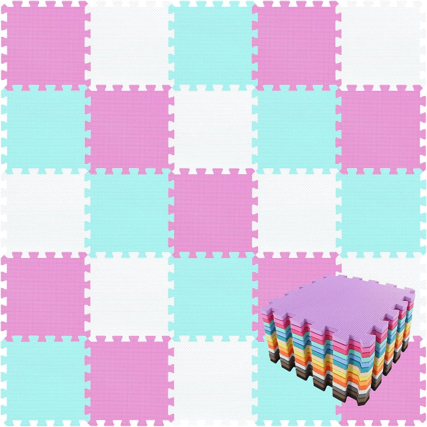 qqpp EVA Rubber 18 Tiles Interlocking Puzzle Foam Floor Mats - Baby Play Mat for Playing | Exercise Mat for Home Workout. White, Pink, Gray. QC-ACLb18N