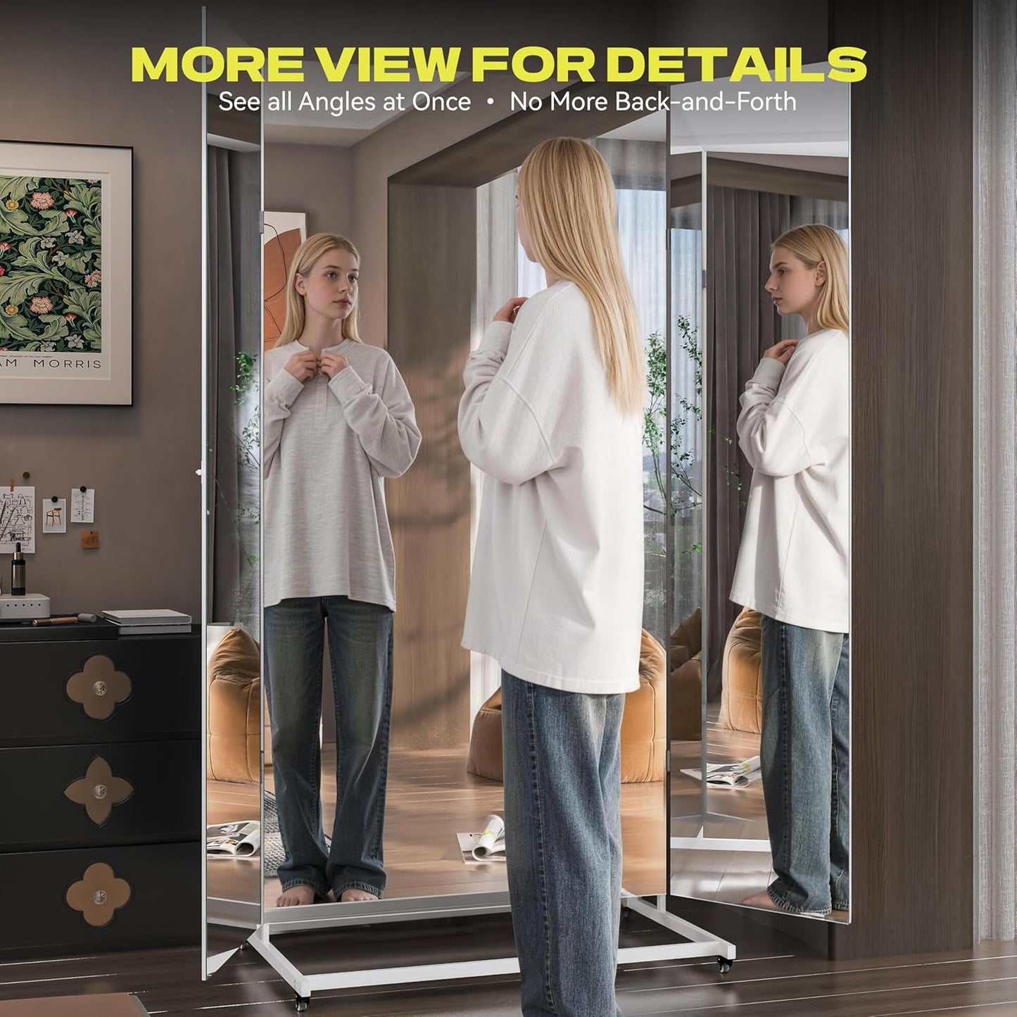 Hasipu Home Gym Mirror with Light 360° Swivel on Wheels, 79" x 32" Extra Large Full Length Rolling LED Mirror for Yoga Studio, Bedroom, Dancing Studio, White