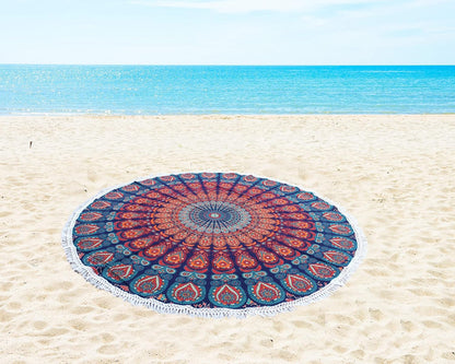 Mandala Round Beach Tapestry Boho Hippie Blanket Bohemian Large Table Cloth Home Decor Yoga Mat Meditation Picnic Rug Throw Hippy Gypsy Tablecloth Roundie (42 Inches, Orange And Blue)