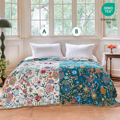 Boho Throw Blanket - 100% Cotton Soft Summer Throw Blanket for Bed, 50"x60" Reversible Breathable Lightweight Blankets, All Seasons Farmhouse Decor Floral Plant Butterfly Throw Quilt