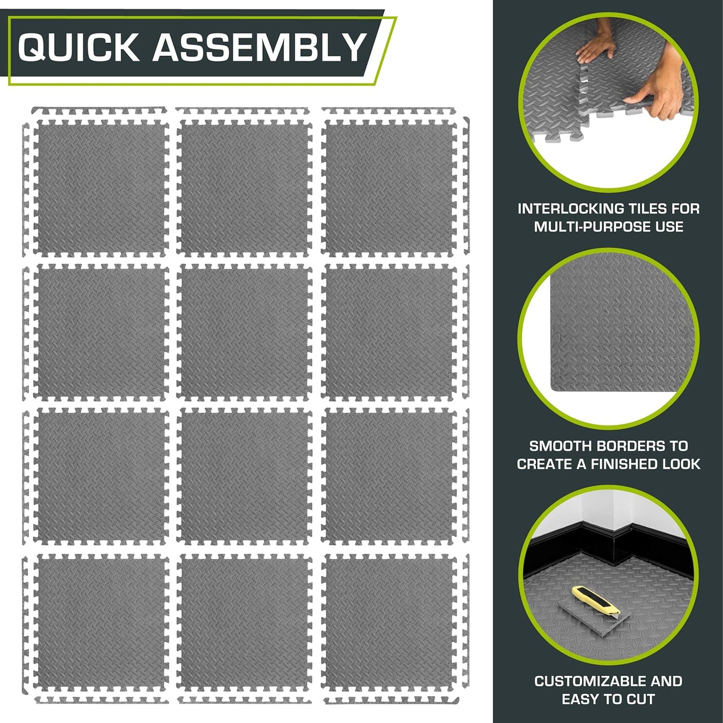 ProsourceFit Exercise Puzzle Mat ½-inch, EVA Interlocking Foam Floor Tiles for Home Gym, Workout Equipment, Kids Play Areas, Black, 24 SQ FT - 6 Tiles
