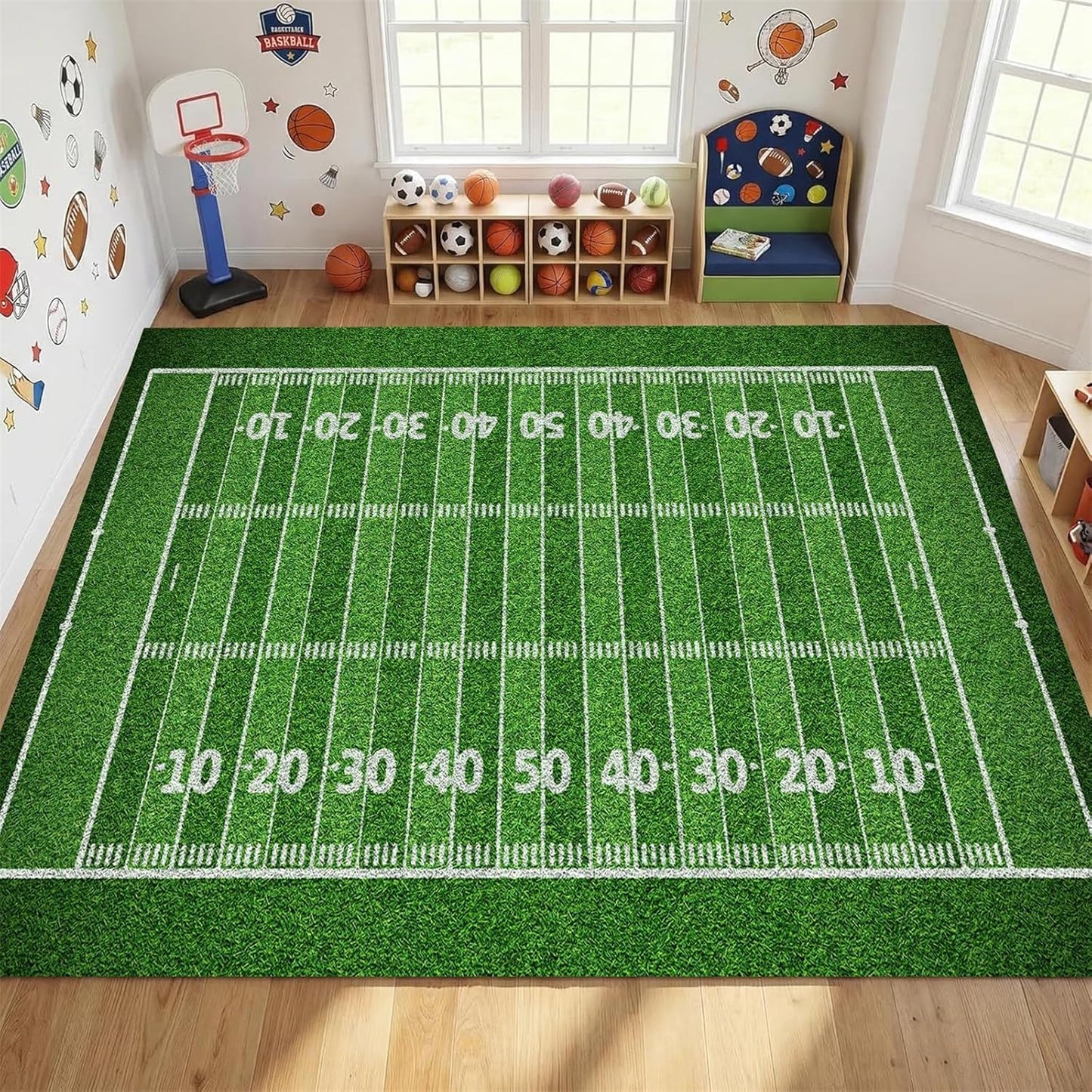 Sports Field Area Rug,5x7ft, Soccer Field Chalked Blackboard Football Stadium Board Painted Non-Slip Soft Carpet Floor Mat Indoor Living Room Bedroom Rugs Yoga Mat Home Decor