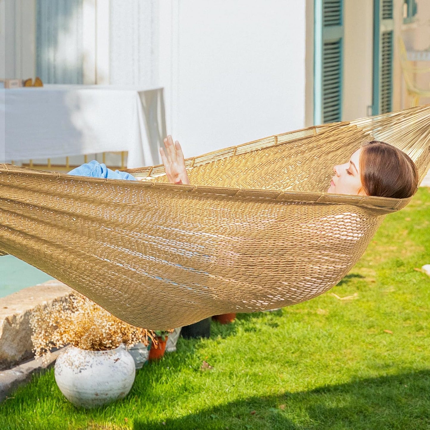 PNAEUT Handwoven Mayan Hammocks, Double Rope Hammock for Outdoor Outside & Indoor, Thick Soft 600 lbs Capacity Heavy-Duty, Includes Tree Straps, Carabiners & Carrying Bag (Nature, X-Large)