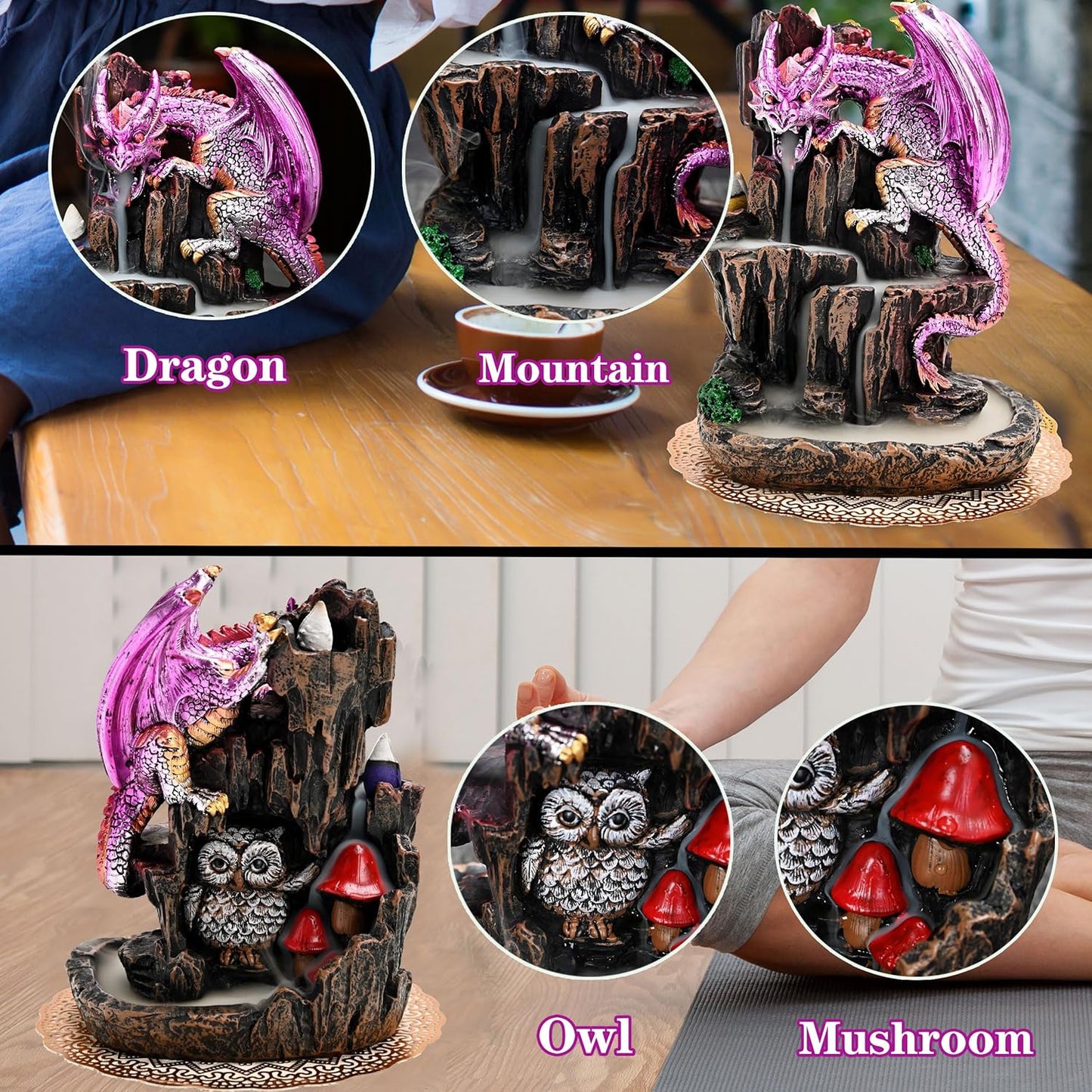 Dragon Backflow 2 Sided Mountain Waterfall Incense Burner,Fountain Smoke Incense Holder with Backflow Incense Cones, Tweezers, Mat，Resin Aromatherapy Meditation (Green)